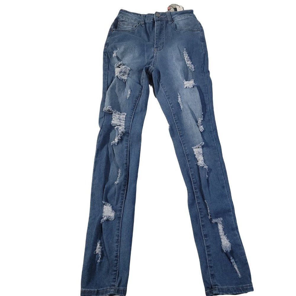 Redfox Jeans Womens Blue High Waisted Medium Wash Distressed Skinny Jeans Small
